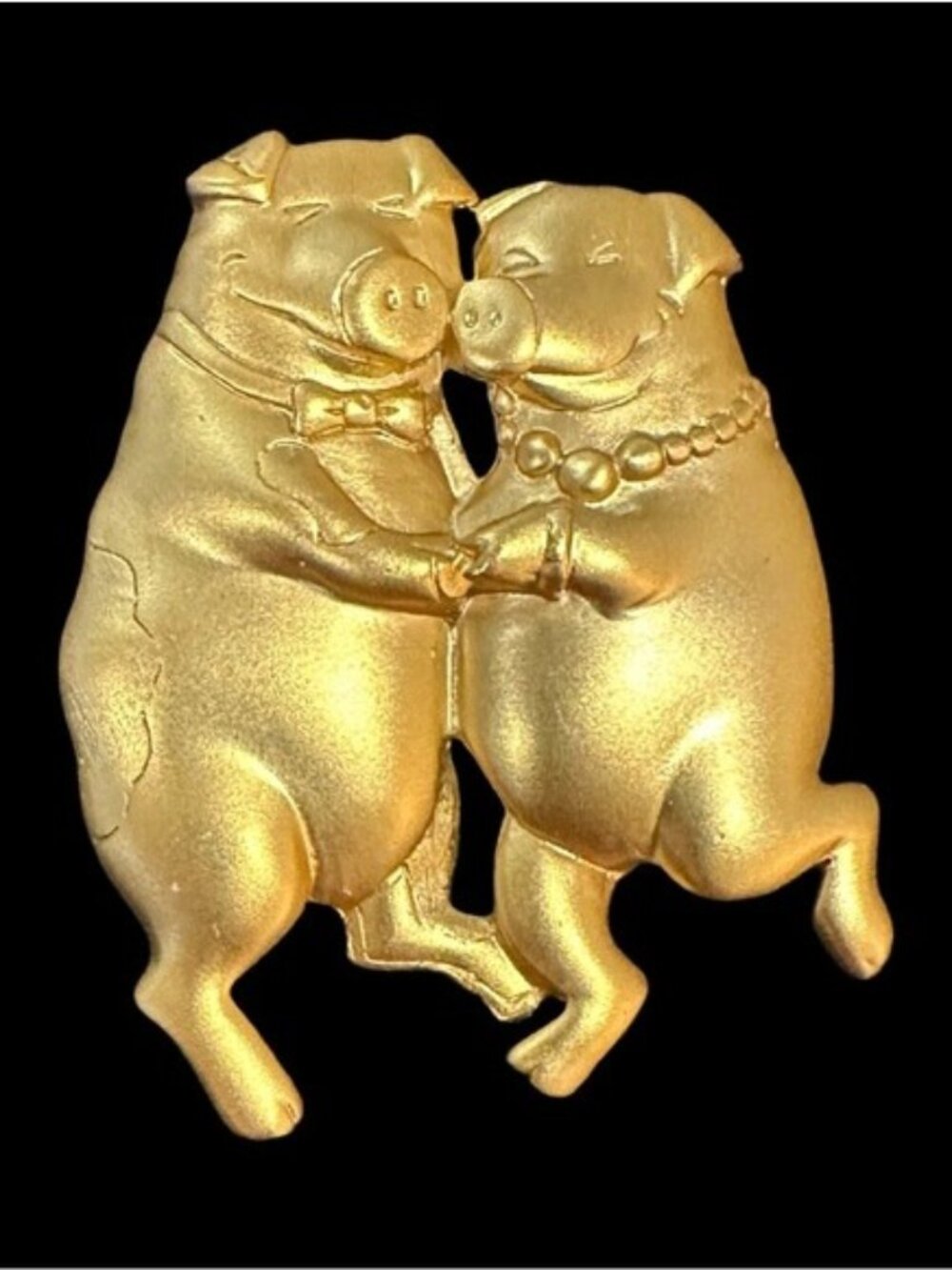 Dancing Pig Couple Gold-Tone Vintage Brooch Pin Fun Whimsical Jewelry Gift For A